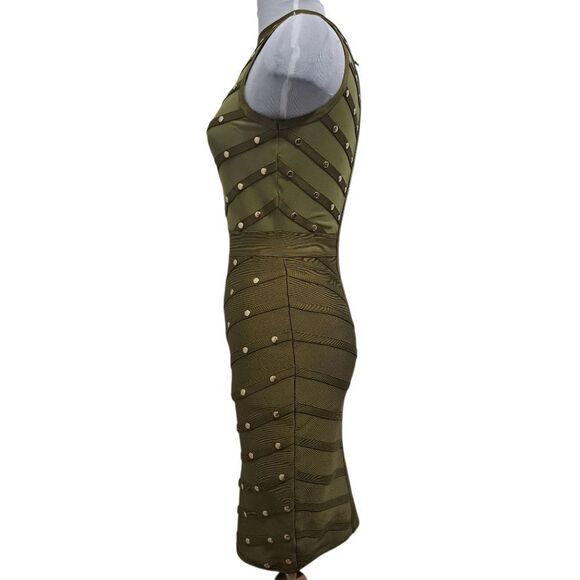Hera Collection Studded Sexy Illusion  Mesh Bandage Bodycon Small Army Green - Picture 5 of 13
